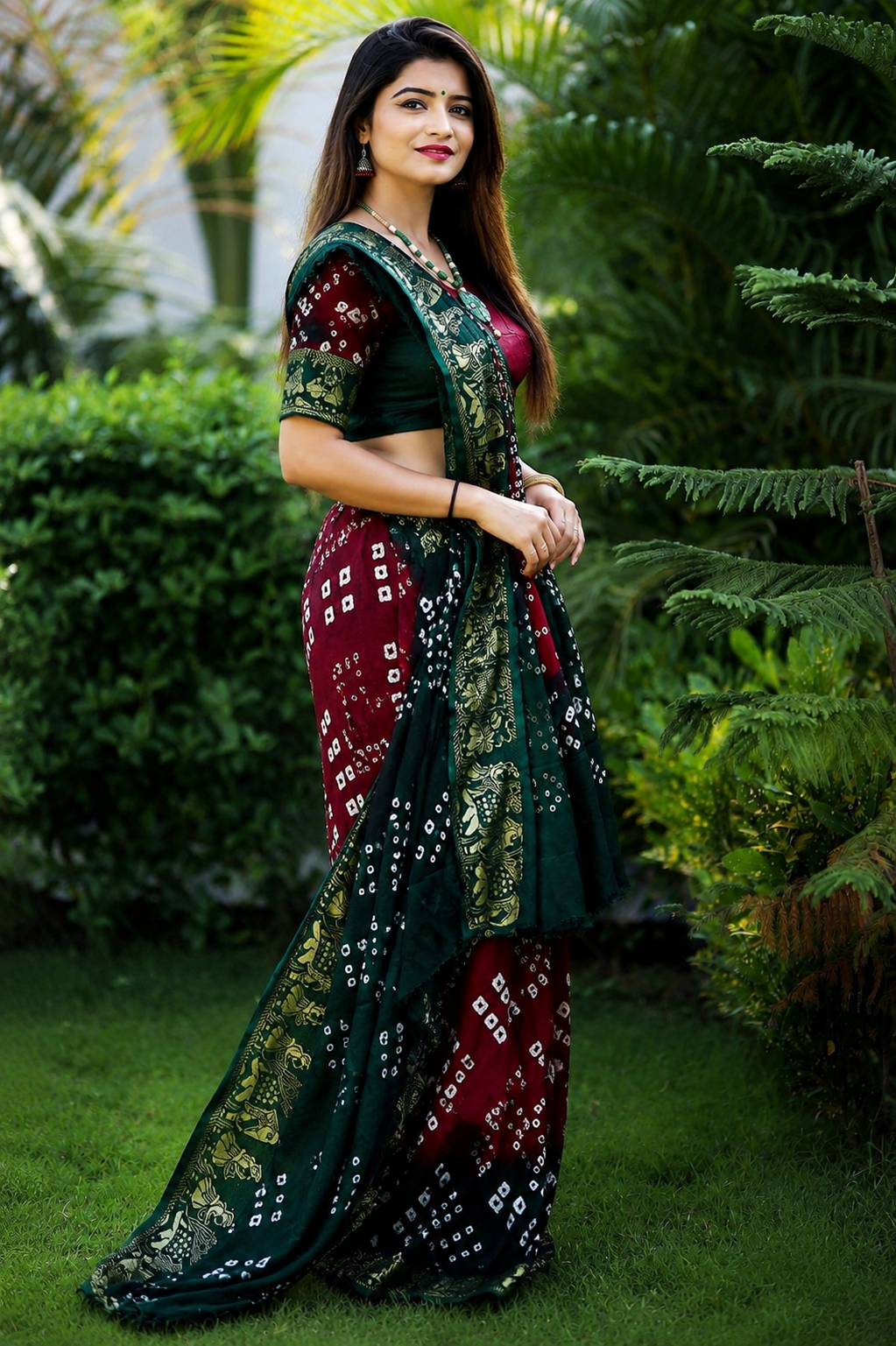 Elegant Maroon & Bottle Green Viscose Dola Silk Bandhej Saree with Fine Self-Jacquard Weaving