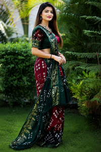 Elegant Maroon & Bottle Green Viscose Dola Silk Bandhej Saree with Fine Self-Jacquard Weaving