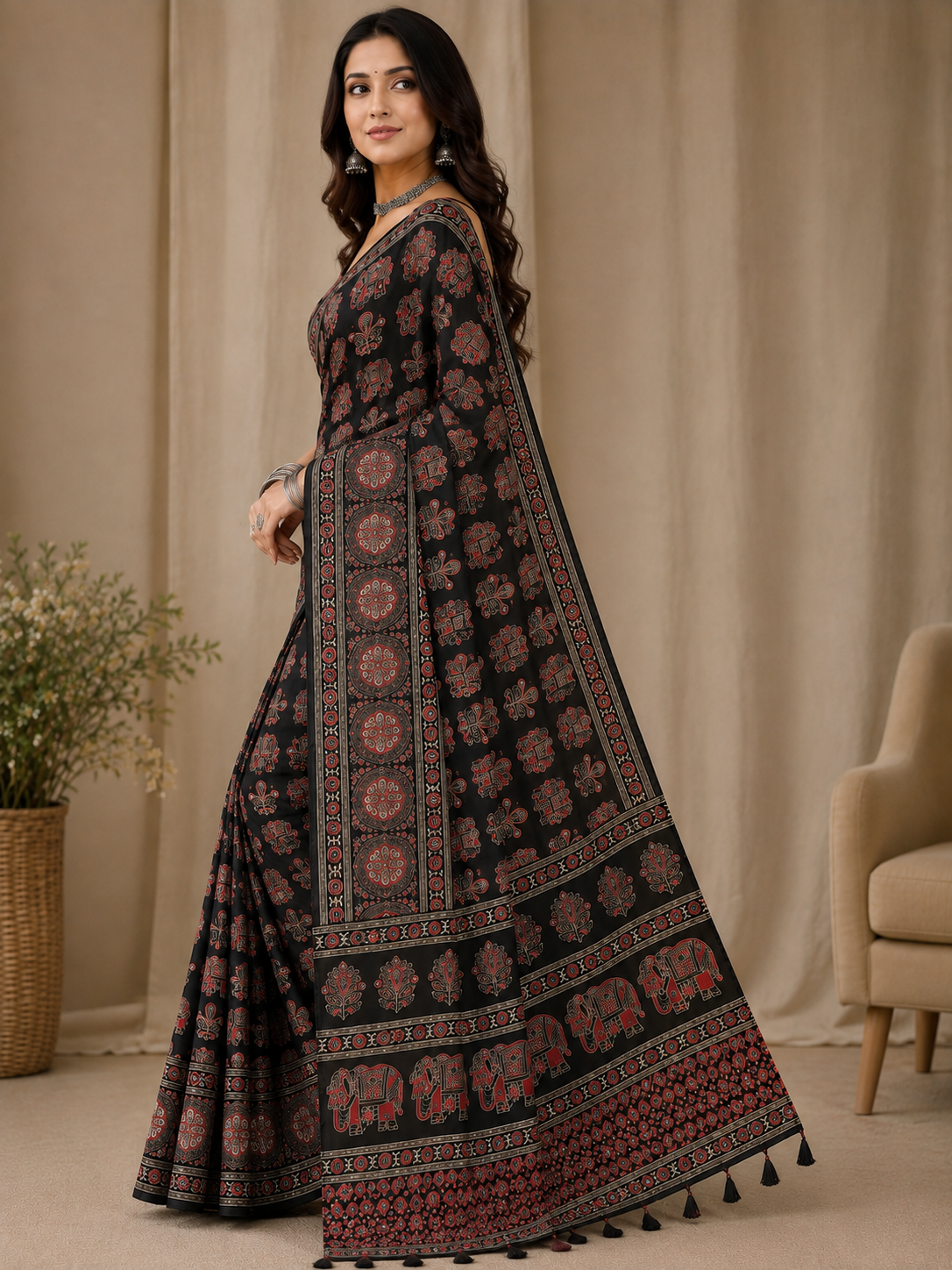 Black Soft Crap Saree with Ajrak Print & All-Over Mirror Work | Traditional Printed Saree with Designer Pallu