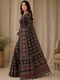Black Soft Crap Saree with Ajrak Print & All-Over Mirror Work | Traditional Printed Saree with Designer Pallu