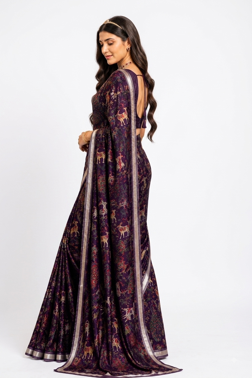 Premium Royal Purple Soft Silk Saree featuring Traditional Printed Motifs and Silver Zari Border