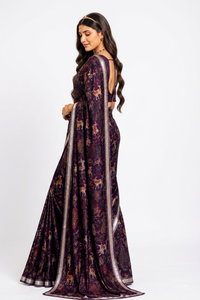 Premium Royal Purple Soft Silk Saree featuring Traditional Printed Motifs and Silver Zari Border