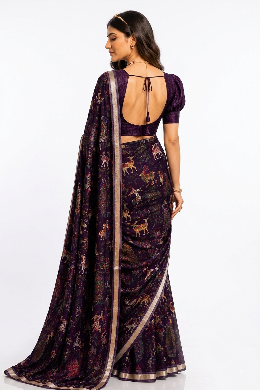 Premium Royal Purple Soft Silk Saree featuring Traditional Printed Motifs and Silver Zari Border