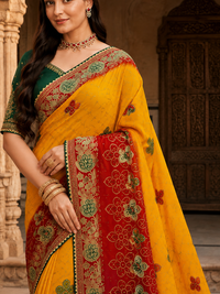 Premium Dual-Shade Soft Georgette Festive Saree with Detailed Embroidery Border for Haldi & Wedding Functions